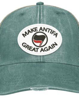 Distressed forest green "Make Antifa Great Again" hat. This Adams trucker cap features a vegan leather oval patch with the Antifa flag. Anti-fascist apparel with a worn, vintage look.