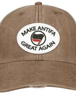Distressed brown "Make Antifa Great Again" hat. This Adams trucker cap features a vegan leather patch with anti-fascist imagery, combining political statement with vintage style.