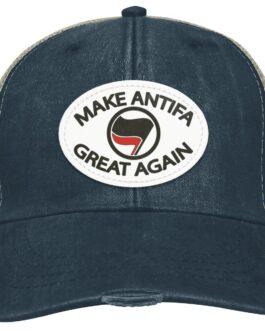 Make Antifa Great Again distressed Adams trucker cap. Navy blue with tan mesh back, featuring a vegan leather patch with political satire message
