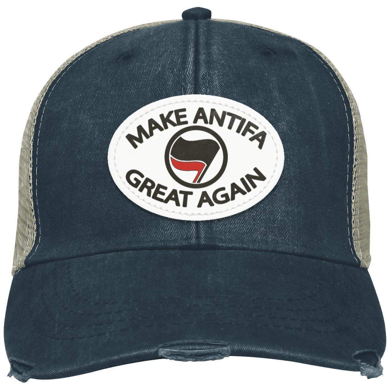 Make Antifa Great Again distressed Adams trucker cap. Navy blue with tan mesh back, featuring a vegan leather patch with political satire message