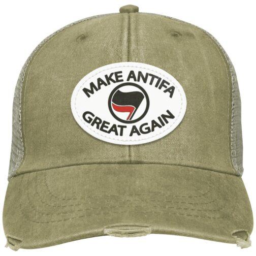Distressed khaki "Make Antifa Great Again" hat. The Adams trucker cap features a vegan leather oval patch with the Antifa flag symbol. Anti-fascist apparel.