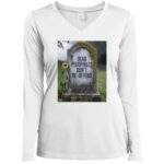 The Dead Pedophiles Don't Re-Offend Ladies V-Neck Tee features a tombstone with the text "Dead Pedophiles Don't Re-Offend" and a single sunflower, set against a blurred, somber background.