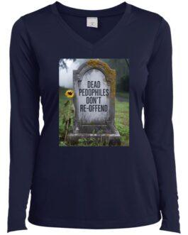 A navy blue ladies v-neck tee with a graphic of a tombstone that reads "Dead Pedophiles Don't Re-Offend" and a sunflower. Anti-pedophile apparel expressing a strong message.
