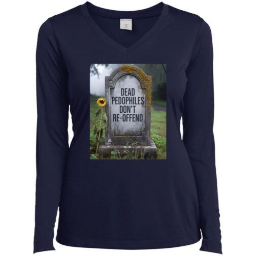 A navy blue ladies v-neck tee with a graphic of a tombstone that reads "Dead Pedophiles Don't Re-Offend" and a sunflower. Anti-pedophile apparel expressing a strong message.
