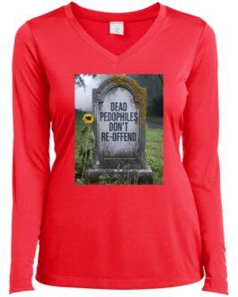 Hot coral V-neck tee featuring a tombstone graphic that reads "Dead Pedophiles Don't Re-Offend." A sunflower leans against the stone in a somber graveyard setting. Anti-pedophile apparel.