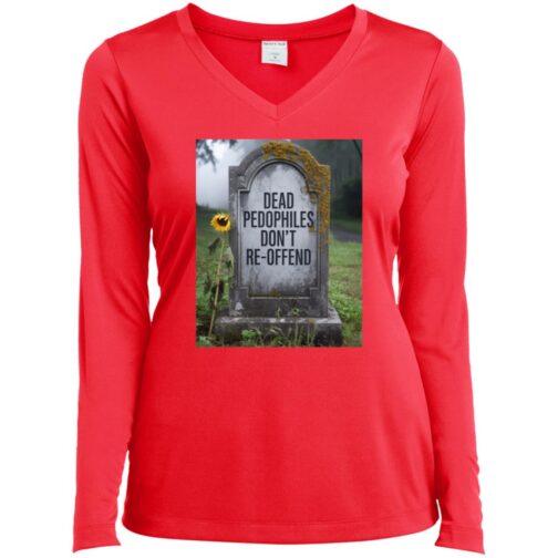 Hot coral V-neck tee featuring a tombstone graphic that reads "Dead Pedophiles Don't Re-Offend." A sunflower leans against the stone in a somber graveyard setting. Anti-pedophile apparel.