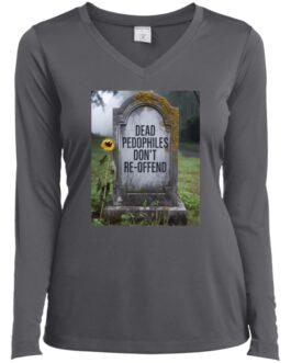 Iron grey V-neck tee featuring a tombstone with the words "Dead Pedophiles Don't Re-Offend" and a sunflower. Anti-pedophile apparel.