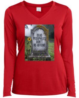 A red V-neck long-sleeve tee shirt features a tombstone graphic that reads "Dead Pedophiles Don't Re-Offend." A sunflower leans against the tombstone in a misty graveyard scene. This anti-pedophile apparel makes a statement.