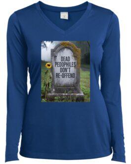 True royal blue V-neck tee with an image of a tombstone that reads "Dead Pedophiles Don't Re-Offend," a sunflower standing beside it. Part of anti-pedophile apparel.
