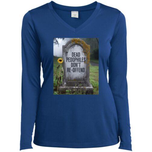 True royal blue V-neck tee with an image of a tombstone that reads "Dead Pedophiles Don't Re-Offend," a sunflower standing beside it. Part of anti-pedophile apparel.