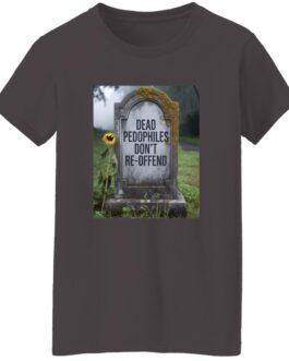 Charcoal women's t-shirt featuring a graphic of a moss-covered gravestone that reads "Dead Pedophiles Don't Re-Offend" with a single sunflower leaning against it.