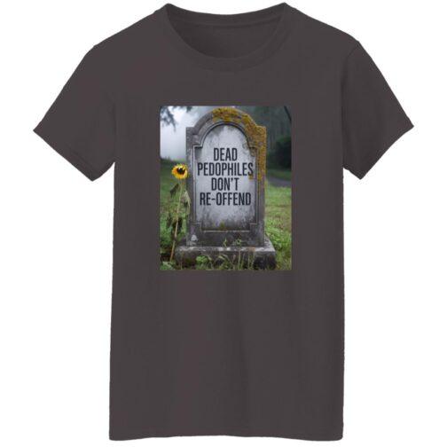 Charcoal women's t-shirt featuring a graphic of a moss-covered gravestone that reads "Dead Pedophiles Don't Re-Offend" with a single sunflower leaning against it.