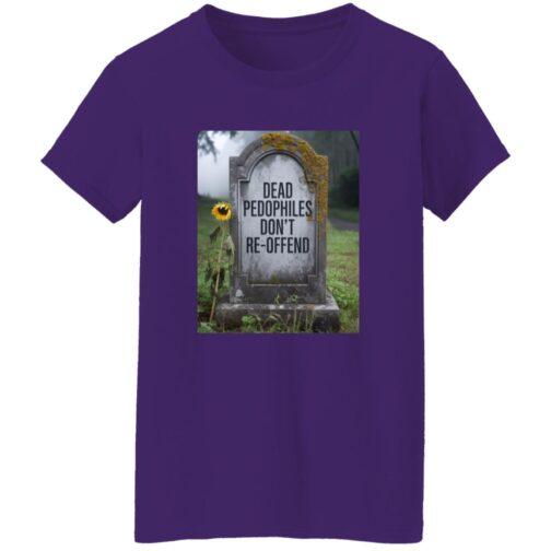 Purple women's graphic tee with a tombstone design that reads, "Dead Pedophiles Don't Re-Offend." The headstone, adorned with moss, stands in a misty, overgrown graveyard with a single sunflower.