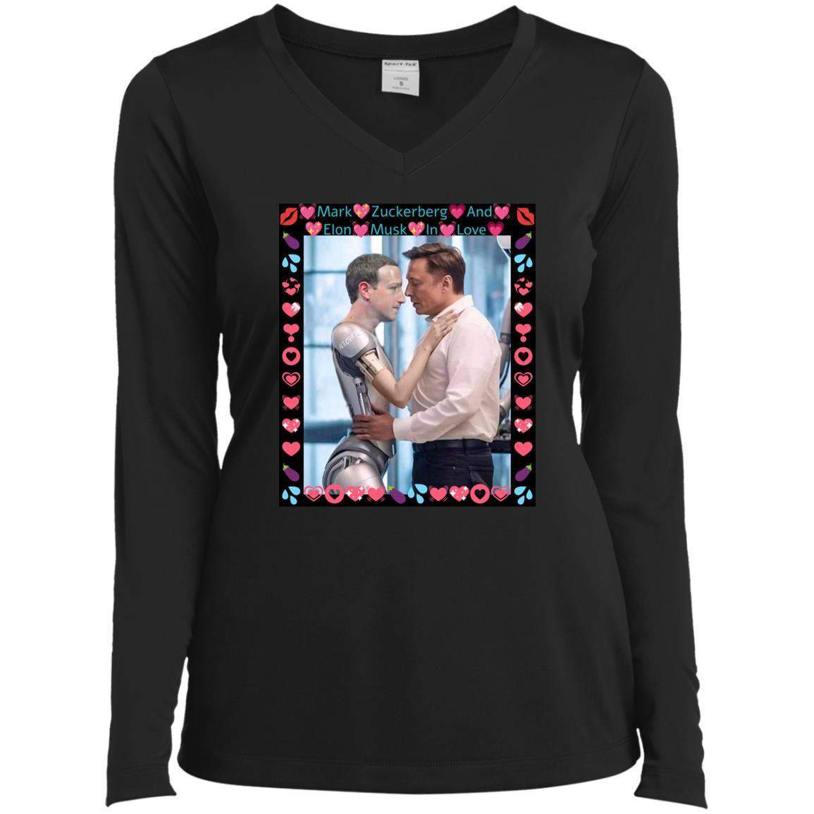 A black Sport-Tek ladies' V-neck shirt displays a framed image of Elon Musk embracing a metallic Mark Zuckerberg robot. The image is bordered with hearts and lips, and text that reads, "Mark Zuckerberg and Elon Musk in Love.