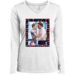 White Sport-Tek v-neck featuring AI-generated art of Elon Musk hugging a Mark Zuckerberg robot. Funny tech satire for women who love memes!