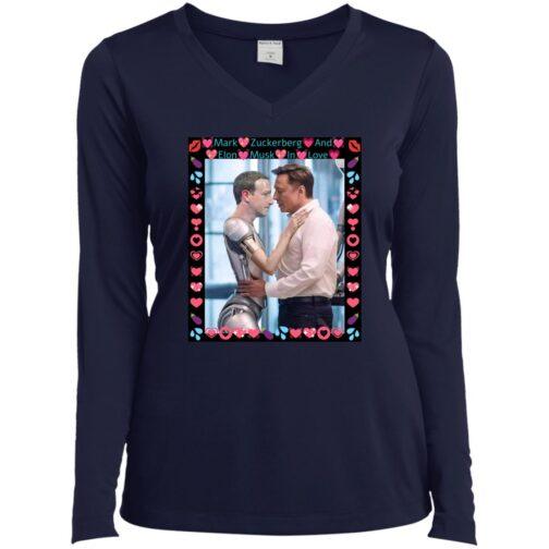 A Sport-Tek True Navy V-Neck shirt features a satirical image of Mark Zuckerberg as a robot embracing Elon Musk; the image is framed with hearts, lips, and water droplets. The text reads "Mark Zuckerberg And Elon Musk In Love.