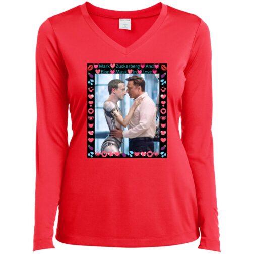 A Sport-Tek® Ladies' Moisture-Wicking V-Neck in hot coral displays a satirical image of Elon Musk embracing a robotic Mark Zuckerberg, framed by hearts and text: "Mark Zuckerberg and Elon Musk in Love.