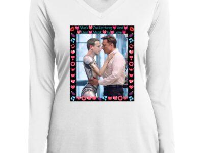 White Sport-Tek v-neck featuring AI-generated art of Elon Musk hugging a Mark Zuckerberg robot. Funny tech satire for women who love memes!
