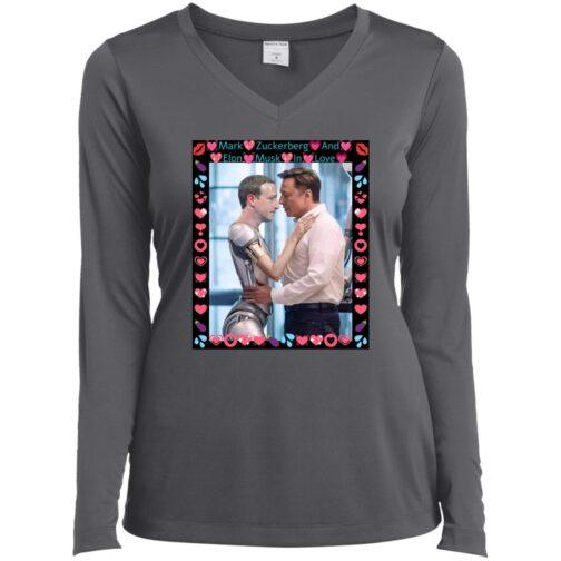 Iron Grey Sport-Tek® Ladies’ V-Neck featuring a humorous image of Elon Musk embracing a robotic Mark Zuckerberg. The design is framed with hearts and lips, and the text reads "Mark Zuckerberg and Elon Musk in Love," creating an AI satire theme.