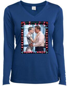 A Sport-Tek® Ladies’ Moisture-Wicking Performance V-Neck shirt in True Royal features a humorous image of Elon Musk embracing a robotic Mark Zuckerberg, framed with hearts and the text "Mark Zuckerberg And Elon Musk In Love.