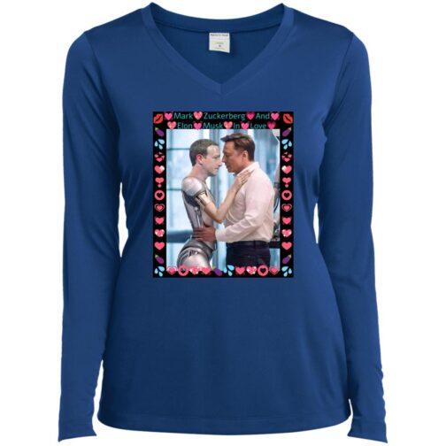 A Sport-Tek® Ladies’ Moisture-Wicking Performance V-Neck shirt in True Royal features a humorous image of Elon Musk embracing a robotic Mark Zuckerberg, framed with hearts and the text "Mark Zuckerberg And Elon Musk In Love.