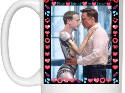 In Love" satire mug: Mark Zuckerberg as a robot embraces Elon Musk. A funny tech billionaire coffee cup with AI-generated art, great for tech humor. 15oz ceramic mug.