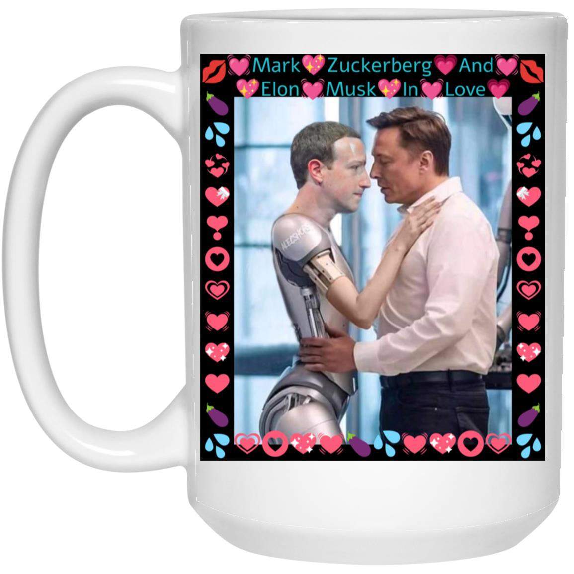 In Love" satire mug: Mark Zuckerberg as a robot embraces Elon Musk. A funny tech billionaire coffee cup with AI-generated art, great for tech humor. 15oz ceramic mug.