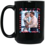 Black 15oz ceramic mug with a full wrap print of an AI-generated "Elon Musk & Robot Zuckerberg In Love" satire meme. A funny tech billionaire coffee cup for sale!