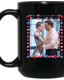 Black 15oz ceramic mug with a full wrap print of an AI-generated "Elon Musk & Robot Zuckerberg In Love" satire meme. A funny tech billionaire coffee cup for sale!