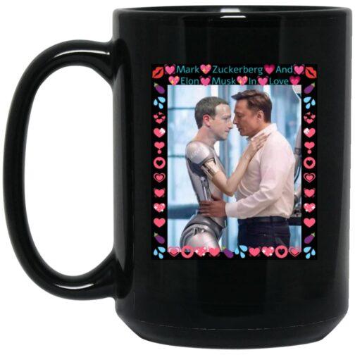 1066-10182-107871235 Black 15oz ceramic mug with a full wrap print of an AI-generated "Elon Musk & Robot Zuckerberg In Love" satire meme. A funny tech billionaire coffee cup for sale!