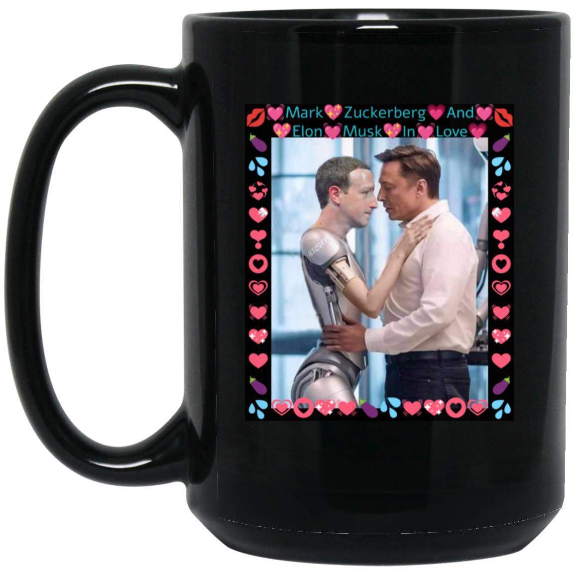 Black 15oz ceramic mug with a full wrap print of an AI-generated "Elon Musk & Robot Zuckerberg In Love" satire meme. A funny tech billionaire coffee cup for sale!