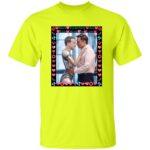 Neon yellow t-shirt featuring Mark Zuckerberg as a robot embracing Elon Musk, framed with hearts and lips. A funny tech satire tee for fans of AI humor!