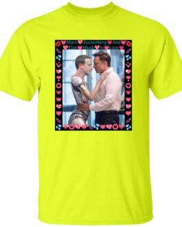 Neon yellow t-shirt featuring Mark Zuckerberg as a robot embracing Elon Musk, framed with hearts and lips. A funny tech satire tee for fans of AI humor!