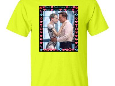 Neon yellow t-shirt featuring Mark Zuckerberg as a robot embracing Elon Musk, framed with hearts and lips. A funny tech satire tee for fans of AI humor!