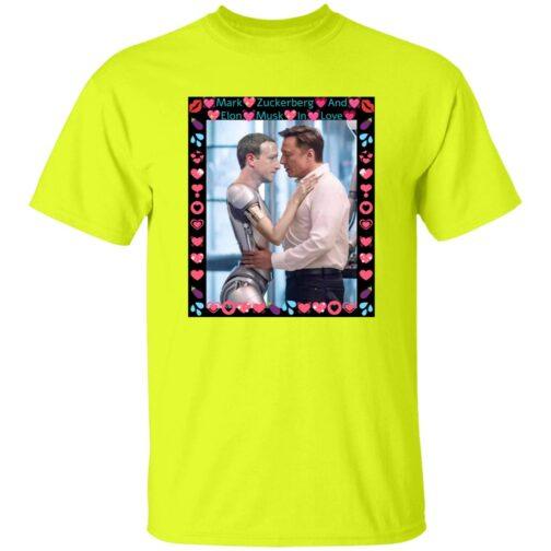 Neon yellow t-shirt featuring Mark Zuckerberg as a robot embracing Elon Musk, framed with hearts and lips. A funny tech satire tee for fans of AI humor!