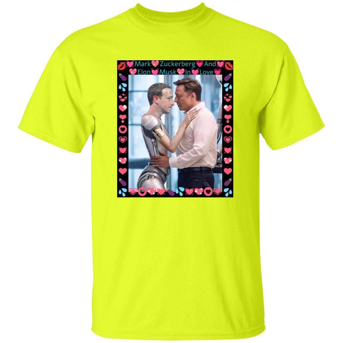 Neon yellow t-shirt featuring Mark Zuckerberg as a robot embracing Elon Musk, framed with hearts and lips. A funny tech satire tee for fans of AI humor!