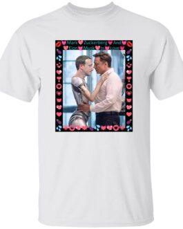 White tee featuring AI-generated satire art of Elon Musk embracing a ZuckBot, framed with hearts. Funny tech rivalry graphic from Gildan G500—a unique tech bro gift.