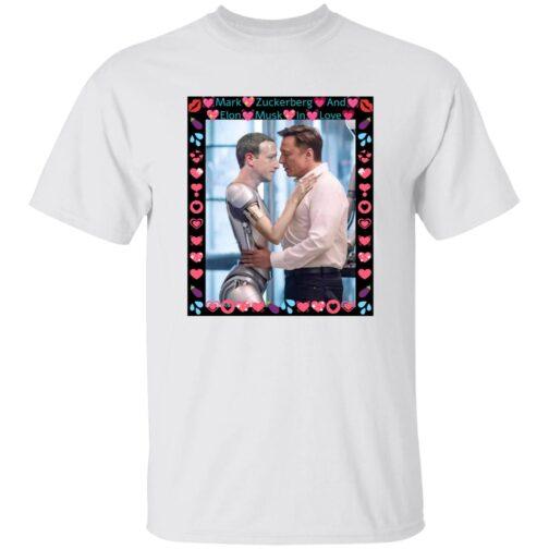 White tee featuring AI-generated satire art of Elon Musk embracing a ZuckBot, framed with hearts. Funny tech rivalry graphic from Gildan G500—a unique tech bro gift.