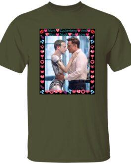 Olive green Gildan G500 tee featuring an AI-generated satire image of Elon Musk hugging a ZuckBot, framed with hearts & lips. Funny tech rivalry shirt.
