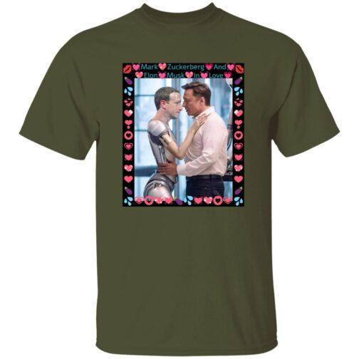 Olive green Gildan G500 tee featuring an AI-generated satire image of Elon Musk hugging a ZuckBot, framed with hearts & lips. Funny tech rivalry shirt.