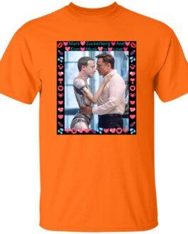 Orange Gildan G500 tee featuring a funny AI satire image of Elon Musk hugging a ZuckBot, framed with hearts; a humorous tech rivalry graphic shirt