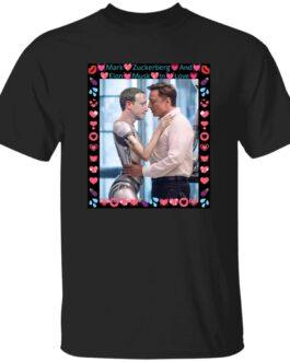 Black Gildan G500 tee featuring AI satire: Elon Musk hugs a ZuckBot. Funny tech rivalry graphic shirt with "Mark Zuckerberg And Elon Musk In Love" text and playful border.