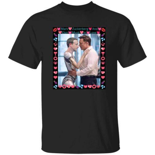 Black Gildan G500 tee featuring AI satire: Elon Musk hugs a ZuckBot. Funny tech rivalry graphic shirt with "Mark Zuckerberg And Elon Musk In Love" text and playful border.