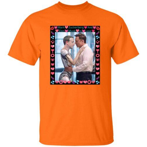 Orange Gildan G500 tee featuring a funny AI satire image of Elon Musk hugging a ZuckBot, framed with hearts; a humorous tech rivalry graphic shirt