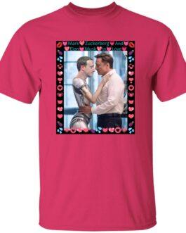 Heliconia pink Gildan G500 tee featuring a funny AI satire design: Elon Musk hugging a ZuckBot robot, framed by hearts and lips. A humorous tech rivalry graphic shirt.