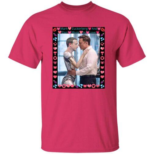 Heliconia pink Gildan G500 tee featuring a funny AI satire design: Elon Musk hugging a ZuckBot robot, framed by hearts and lips. A humorous tech rivalry graphic shirt.
