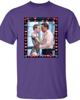 Purple Gildan G500 tee featuring a framed AI-generated image of Elon Musk hugging a ZuckBot, surrounded by hearts and emojis. A funny tech satire shirt for fans of tech humor.