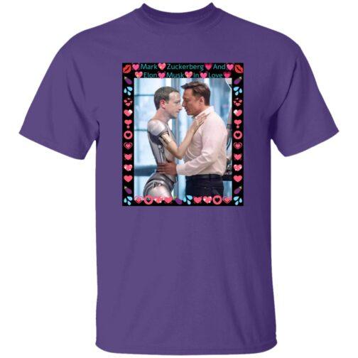Purple Gildan G500 tee featuring a framed AI-generated image of Elon Musk hugging a ZuckBot, surrounded by hearts and emojis. A funny tech satire shirt for fans of tech humor.