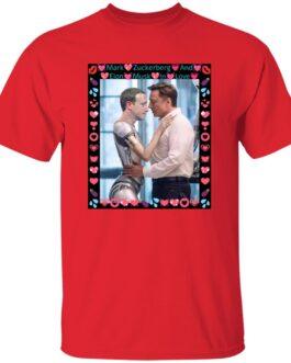Red "Elon Musk & ZuckBot In Love" tee. Features a framed AI-generated image of Elon Musk hugging a robot Mark Zuckerberg, surrounded by hearts and emojis—a funny tech satire shirt.