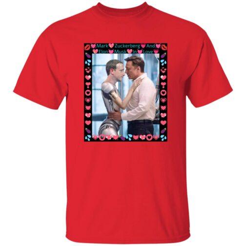 Red "Elon Musk & ZuckBot In Love" tee. Features a framed AI-generated image of Elon Musk hugging a robot Mark Zuckerberg, surrounded by hearts and emojis—a funny tech satire shirt.